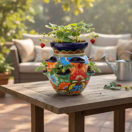 The Talavera Hub hand-painted Mexican ceramic strawberry planter with vibrant floral patterns on a wooden patio table.