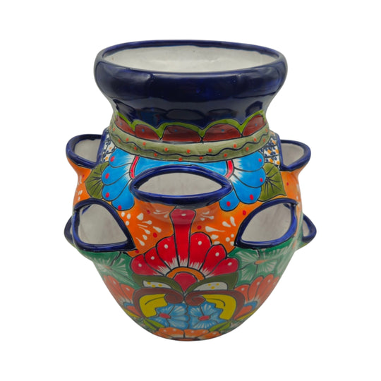 The Talavera Hub hand-painted Mexican ceramic strawberry planter with vibrant floral patterns and multi-pocket design.