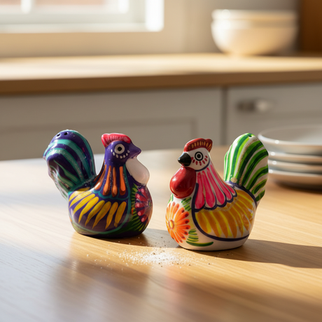 The Talavera Hub hand-painted ceramic chicken salt and pepper shakers with vibrant blue, green, yellow, and pink floral designs.