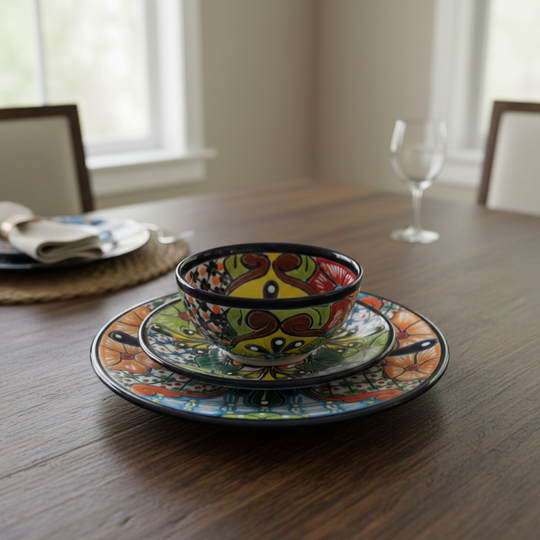 The Talavera Hub 33-piece Mexican dinnerware set for 8, hand-painted ceramic with vibrant floral patterns and a lead-free glaze.