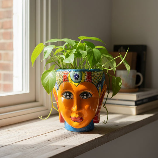 The Talavera Hub hand-painted ceramic face planter, orange complexion, blue accents, folk art design, 12" tall.