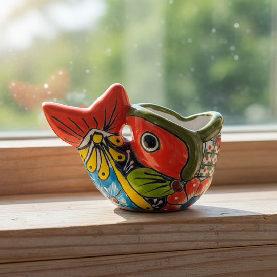 The Talavera Hub hand-painted ceramic fish planter in red, yellow, blue, and orange with floral motifs.
