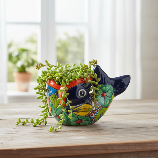 The Talavera Hub hand-painted ceramic fish planter in vibrant red, blue, yellow, and orange with floral motifs.