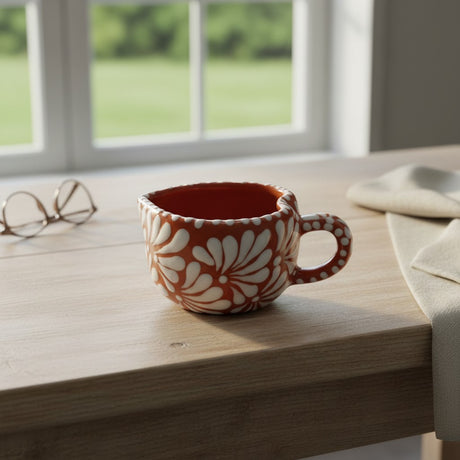 The Talavera Hub hand-painted ceramic mug with a heart motif in orange and white floral design. Mexican coffee cup.