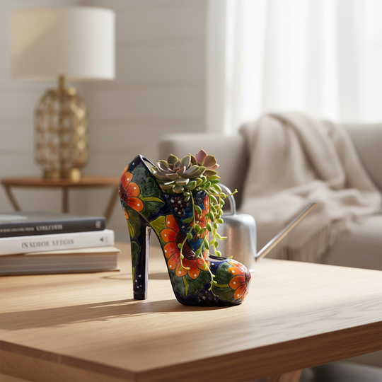 The Talavera Hub handmade ceramic high heel statue, hand-painted with vibrant orange flowers and green leaves on a dark blue base.