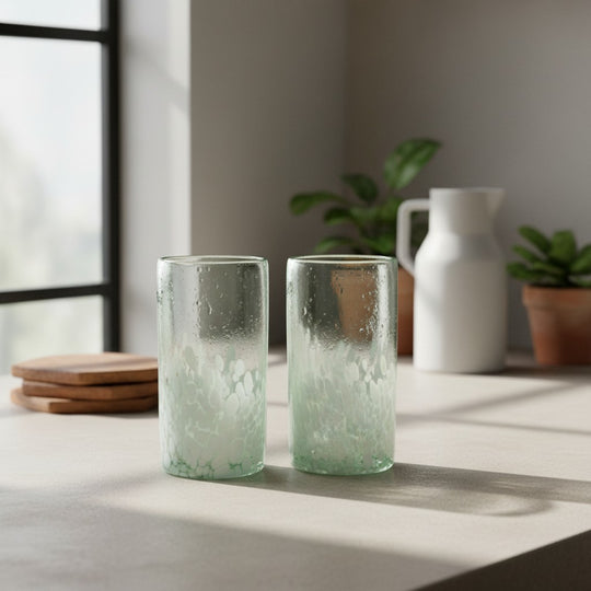 The Talavera Hub hand-blown Mexican highball glass with clear top and white pebble pattern base. Recycled glass.