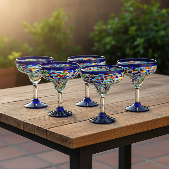 The Talavera Hub Mexican hand-blown margarita glasses with blue confetti rock design and cobalt blue rims.