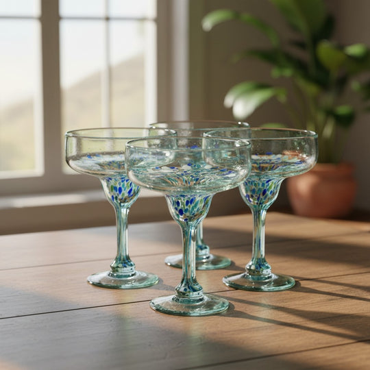 The Talavera Hub hand-blown Mexican margarita glasses with blue and green confetti accents on stem and base. Clear recycled glass, 16 oz capacity.