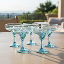 The Talavera Hub hand-blown Mexican margarita glasses with blue and green confetti accents on stem and base. Set of 6, 16oz capacity.