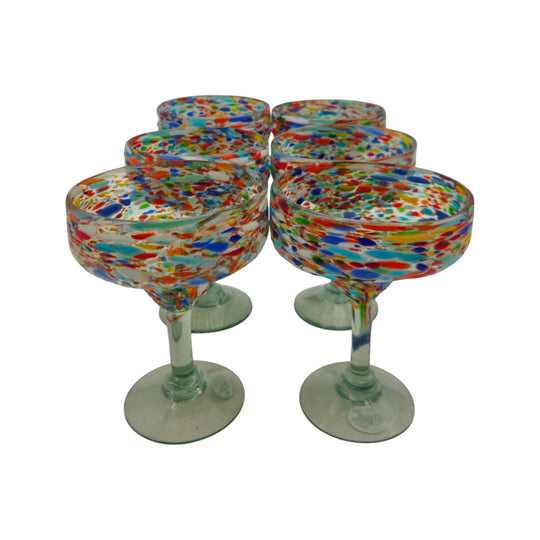 The Talavera Hub hand-blown Mexican margarita glasses with colorful pebbled confetti design, made of lead-free glass.