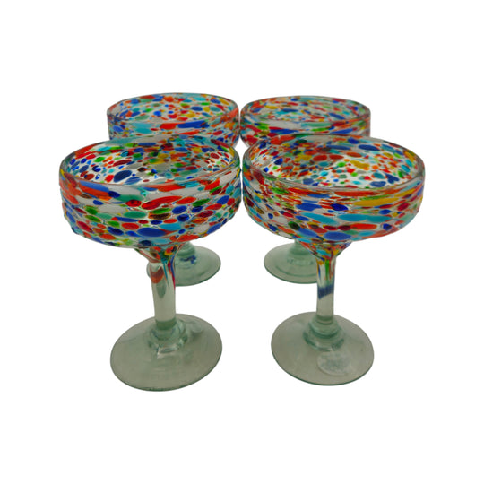 The Talavera Hub hand-blown Mexican margarita glasses with colorful pebbled confetti design on clear glass.