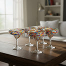 The Talavera Hub hand-blown Mexican margarita glasses with colorful pebbled confetti design. Lead-free glass.