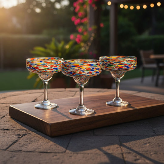 The Talavera Hub hand-blown Mexican margarita glasses with colorful pebbled confetti design. Set of 4.