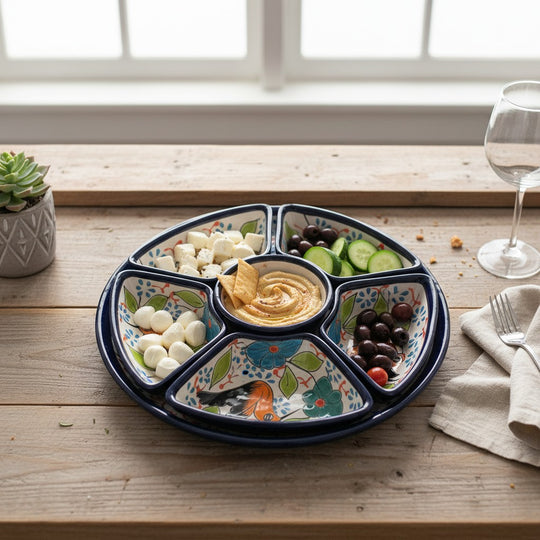 The Talavera Hub blue ceramic sectional appetizer tray with hand-painted birds and floral motifs.