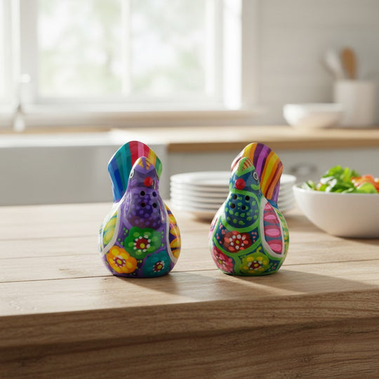 The Talavera Hub set of 2 hand-painted Mexican Guerrero pottery chicken salt and pepper shakers on a wooden table.