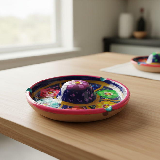 The Talavera Hub Mexican handmade Guerrero pottery bar glass rimmer with vibrant hand-painted floral patterns