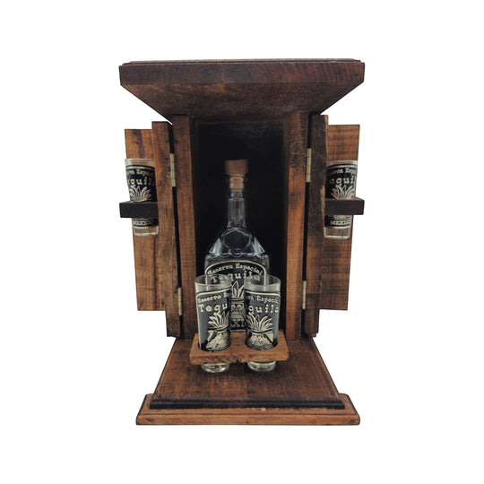 The Talavera Hub rustic wooden box with handblown shot glasses and decanter, featuring Mexican artisanal design.