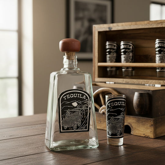 The Talavera Hub Mexican shot glass and decanter set with rustic wooden chest. Features ornate detailing.