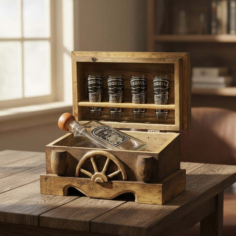 The Talavera Hub Mexican shot glass and decanter set in a rustic wooden chest with four shot glasses and one 750ml decanter.