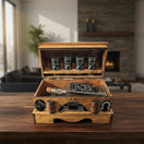 The Talavera Hub Mexican shot glass and decanter set in a rustic wooden chest with four shot glasses and a 750ml decanter.
