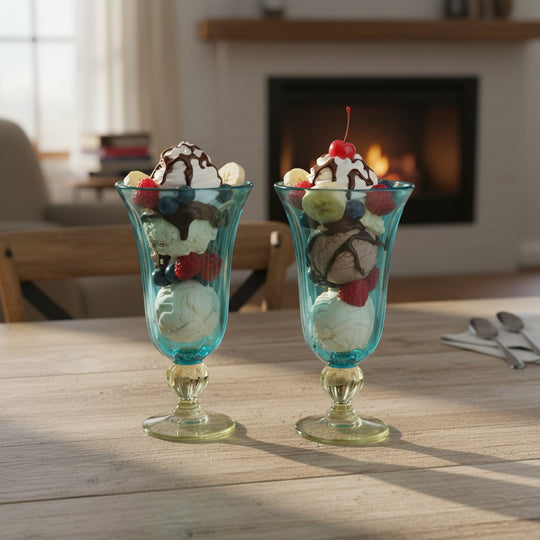 The Talavera Hub Hand-Blown Mexican Sundae Glass in aqua teal with fluted design and twisted stem. Recycled glass.
