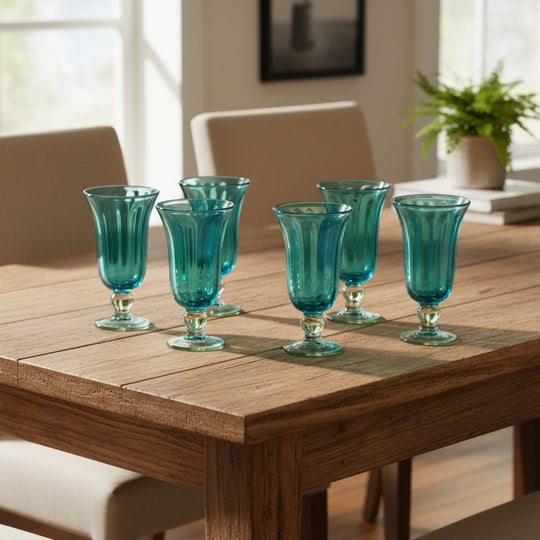 The Talavera Hub Hand-Blown Mexican Sundae Glasses in aqua teal with fluted design and clear base. Set of 6.