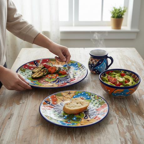 The Talavera Hub 16-piece handmade Mexican Talavera dinnerware set with vibrant floral patterns on plates, bowls, and mugs.