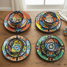 The Talavera Hub 33-piece Mexican dinnerware set for 8, hand-painted ceramic with floral patterns in vibrant orange, blue, green, and yellow.