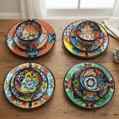 The Talavera Hub 33-piece Mexican dinnerware set for 8, hand-painted ceramic with floral patterns in vibrant orange, blue, green, and yellow.