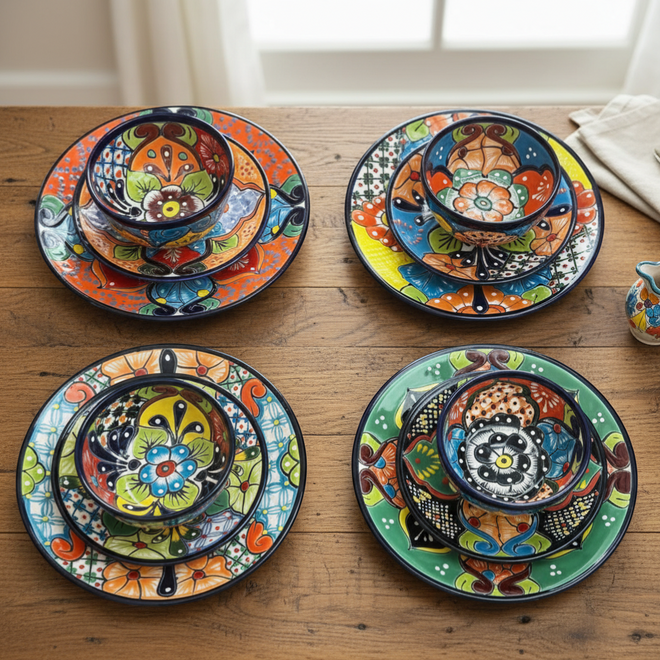 The Talavera Hub 33-piece Mexican dinnerware set for 8, hand-painted ceramic with floral patterns in vibrant orange, blue, green, and yellow.