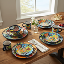 The Talavera Hub 26-piece dinnerware set with vibrant floral Mexican Talavera pottery. Includes plates, bowls, and mugs.