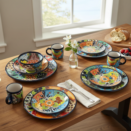 The Talavera Hub 26-piece dinnerware set with vibrant floral Mexican Talavera pottery. Includes plates, bowls, and mugs.