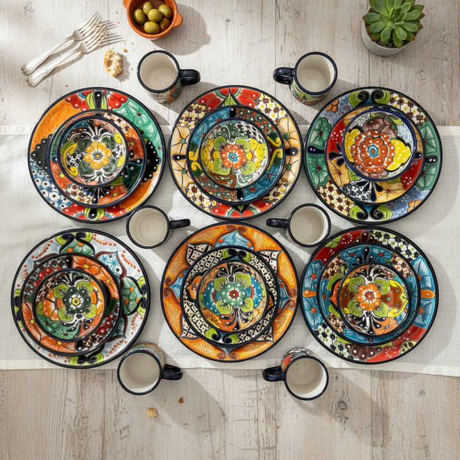 The Talavera Hub 26-piece dinnerware set with vibrant floral Mexican Talavera pottery. Includes plates, bowls, and mugs.