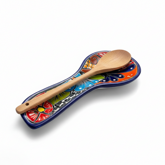 The Talavera Hub colorful Mexican Talavera ceramic spoon rest with floral and butterfly motifs. Hand-painted kitchen utensil holder.