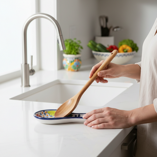 The Talavera Hub colorful ceramic spoon rest with floral Talavera design. Hand-painted, lead-free glaze.