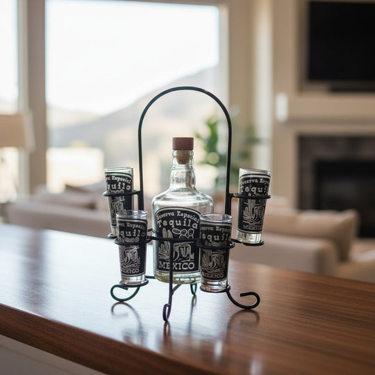 The Talavera Hub Mexican Tequila Decanter Set with 6 shot glasses in a black metal holder. Features rustic Mexican motifs.