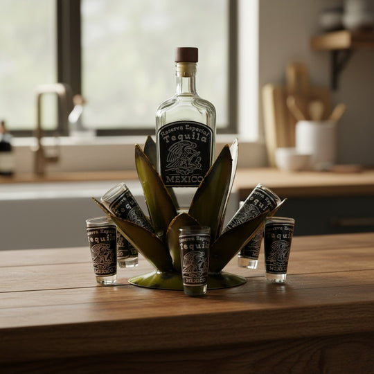 The Talavera Hub Mexican Tequila Decanter Set with agave metal bar display and 6 shot glasses. Rustic green metal.