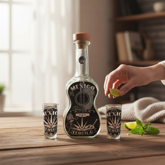 The Talavera Hub Mexican Tequila Decanter Set features a clear glass guitar-shaped decanter with black and white Mexico designs and two shot glasses.