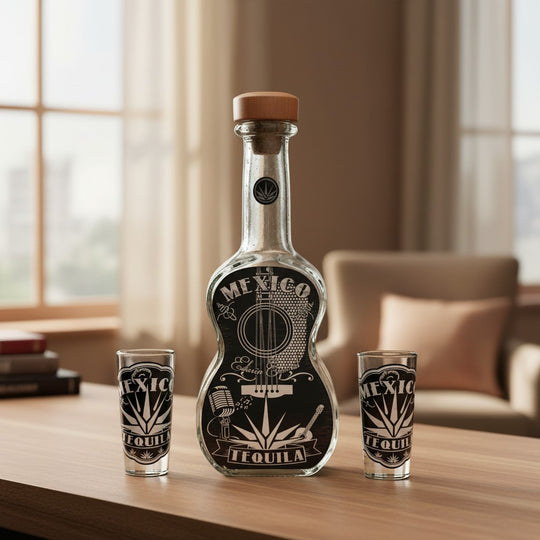 The Talavera Hub Mexican Tequila Decanter Set features a clear glass guitar-shaped decanter with black and white Mexico designs and two shot glasses.