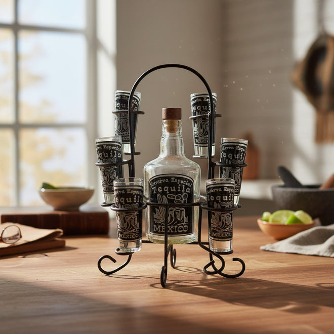 The Talavera Hub Mexican Tequila Decanter Set with 6 shot glasses in a black metal holder. Features etched designs.