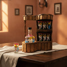 The Talavera Hub Mexican Tequila Decanter Set with 6 shot glasses on rustic wooden stand. Hand-painted figures in sombreros.