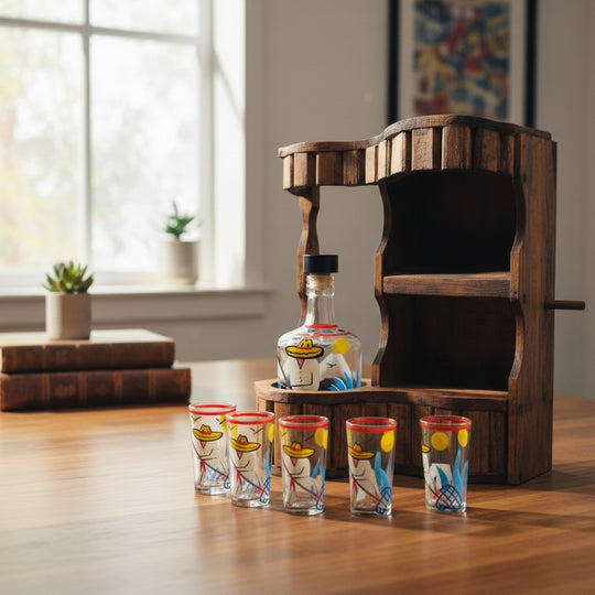 The Talavera Hub Mexican Tequila Decanter Set with 6 shot glasses on rustic wooden bar display. Hand-painted figures in sombreros.