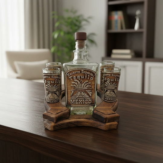 The Talavera Hub Mexican Tequila Decanter Set with 4 shot glasses on a rustic horseshoe wood display. Features embossed glass.