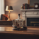 The Talavera Hub Mexican Tequila Decanter Set with 750ml glass decanter and shot glasses on a rustic horseshoe wood display.