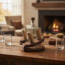 The Talavera Hub Mexican Tequila Decanter Set with 750ml glass decanter and shot glasses on a rustic horseshoe wood display.