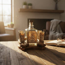 The Talavera Hub Mexican Tequila Decanter Set with 4 shot glasses on a rustic horseshoe wood display. Features embossed agave and pyramid designs.