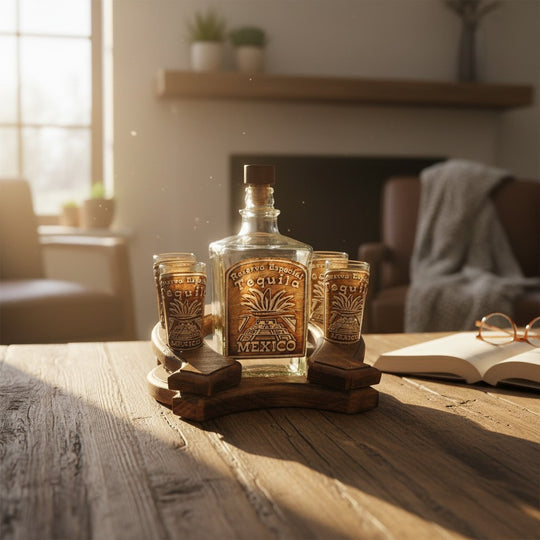 The Talavera Hub Mexican Tequila Decanter Set with 4 shot glasses on a rustic horseshoe wood display. Features embossed agave and pyramid designs.