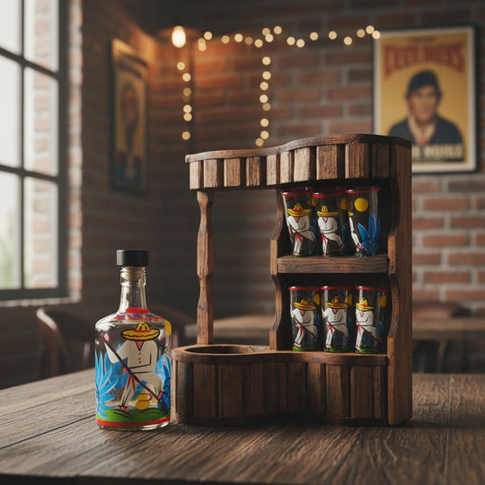 The Talavera Hub Mexican Tequila Decanter Set with 6 shot glasses on rustic wooden bar display. Hand-painted figures on glasses.