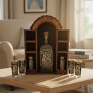 The Talavera Hub Mexican Tequila Decanter Set with 6 shot glasses in a rustic wooden display.