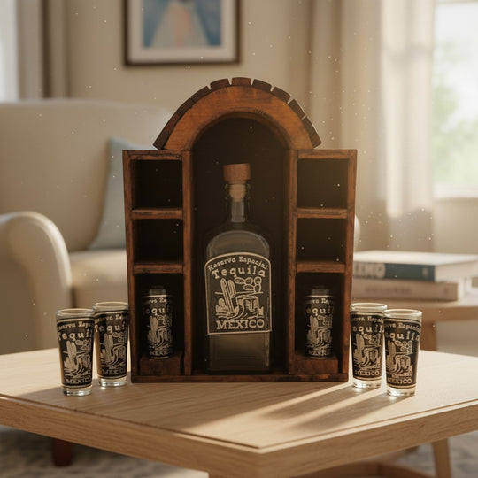 The Talavera Hub Mexican Tequila Decanter Set with 6 shot glasses in a rustic wooden display.